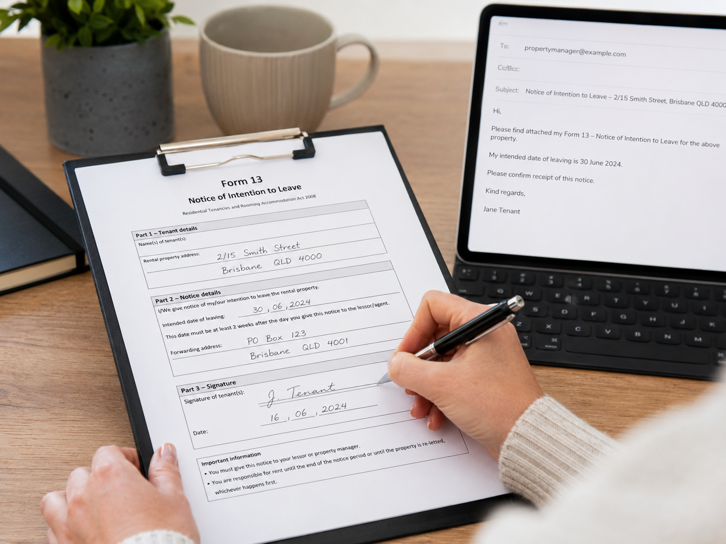 Queensland tenant completing a Notice of intention to leave and emailing their property manager