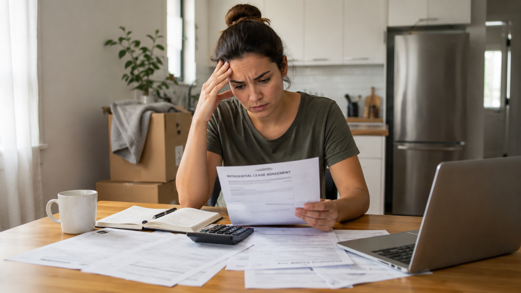 Queensland renter reviewing a lease and household finances during hardship